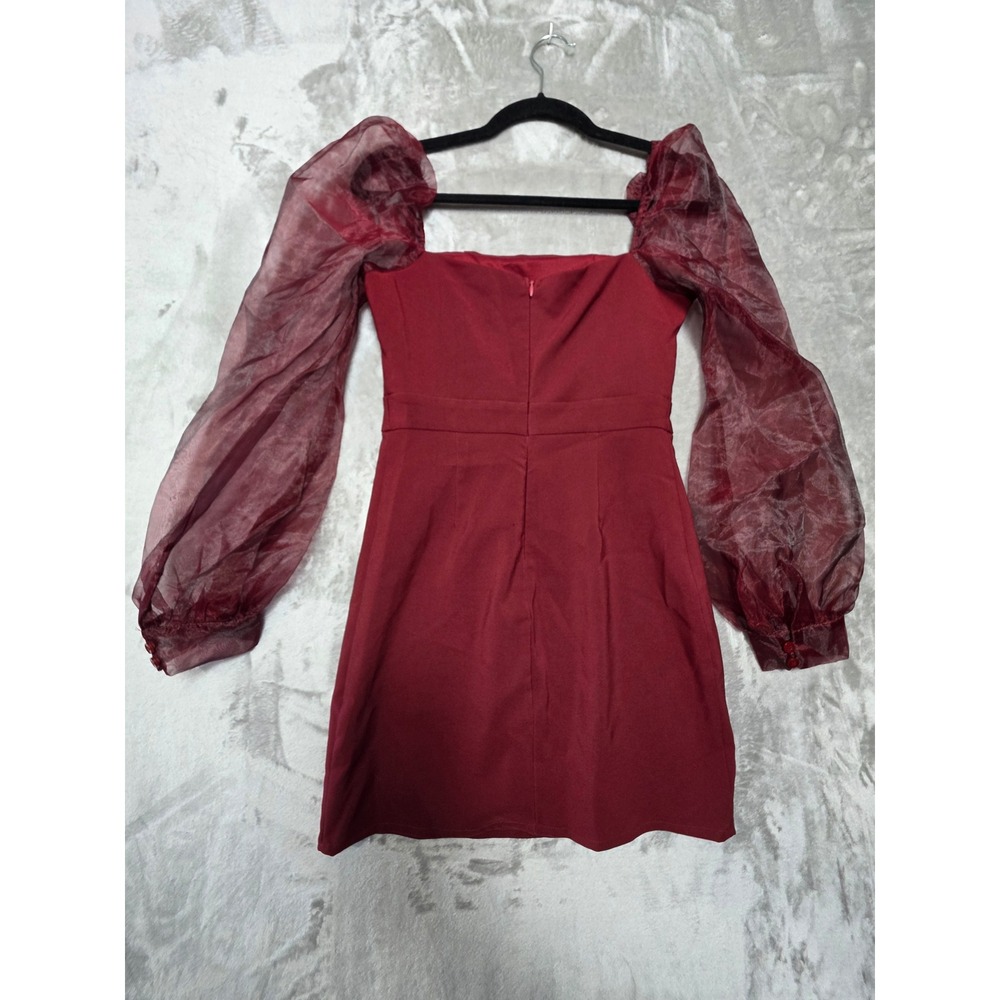 Fashion Nova Burgundy Square Neck Sheer‎ Puff Sleeve Mini Dress Small - Picture 3 of 8